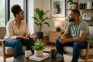 Two people communicating respectfully while maintaining healthy boundaries