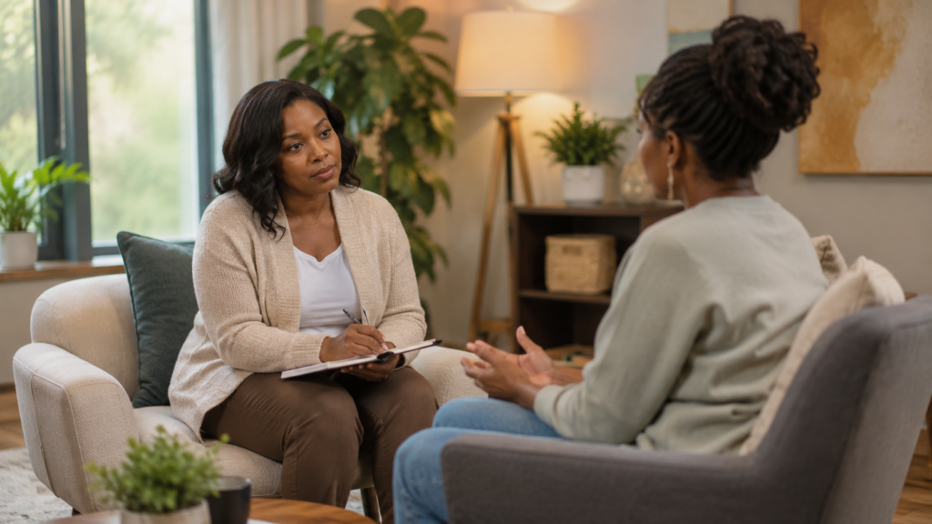 Counsellor and client having a supportive counselling conversation in London, Ontario