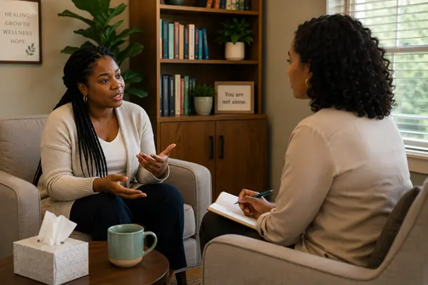 Therapist listening to client during a counselling session